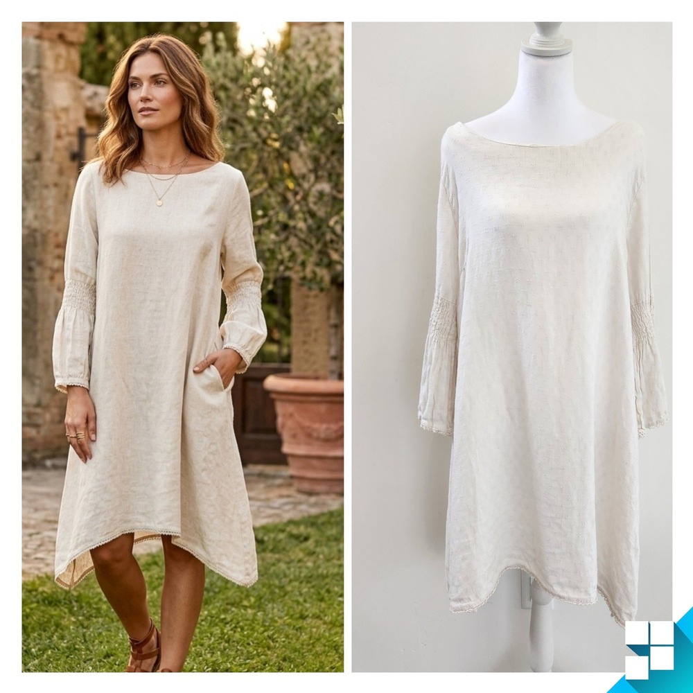 Lungo L'Arno Italy Linen Smocked Bell Sleeve Lace Trim Shift Boho Dress Size L
